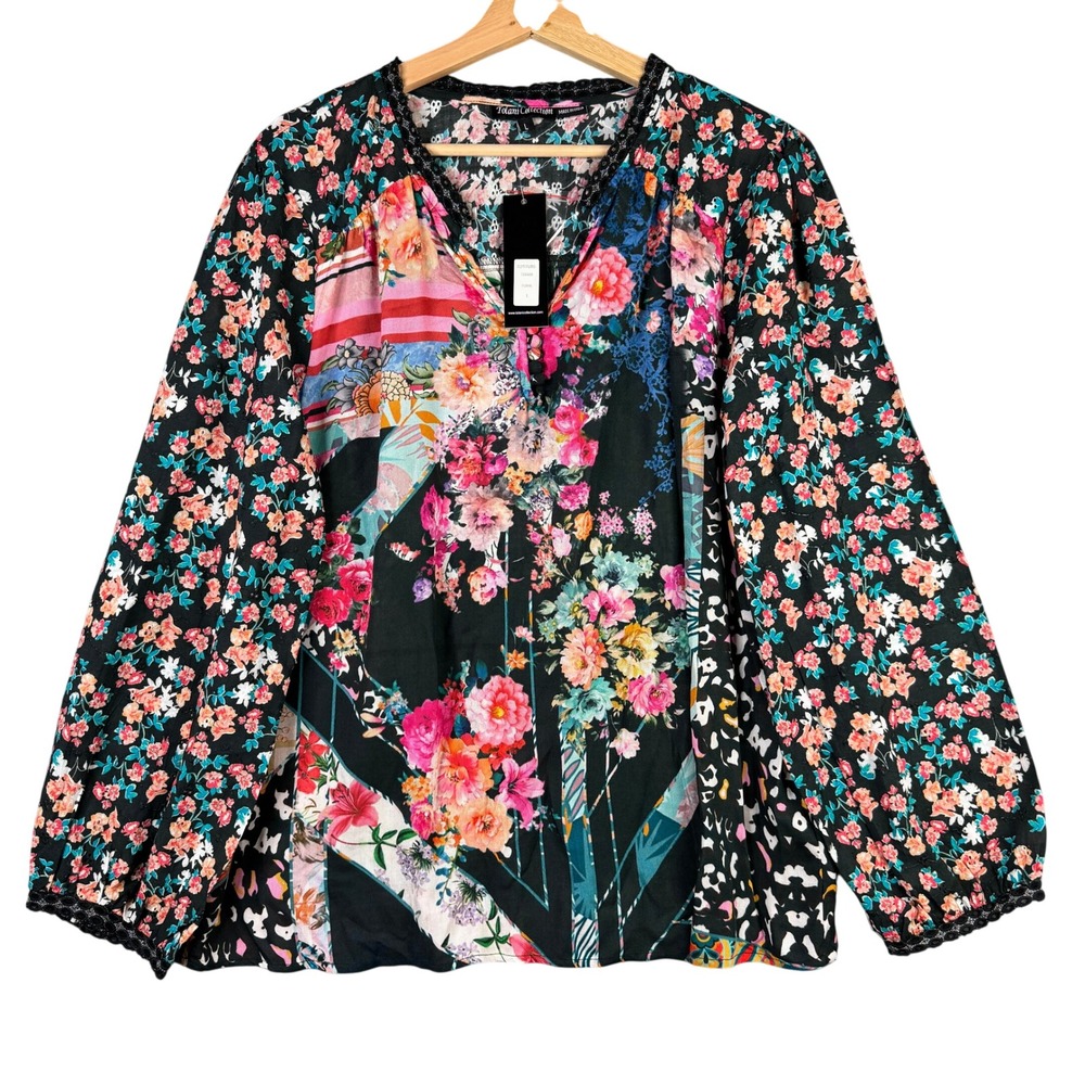 Tolani Collection Teegan Floral Mixed Print V-Neck Blouse Black Multi Large NWT